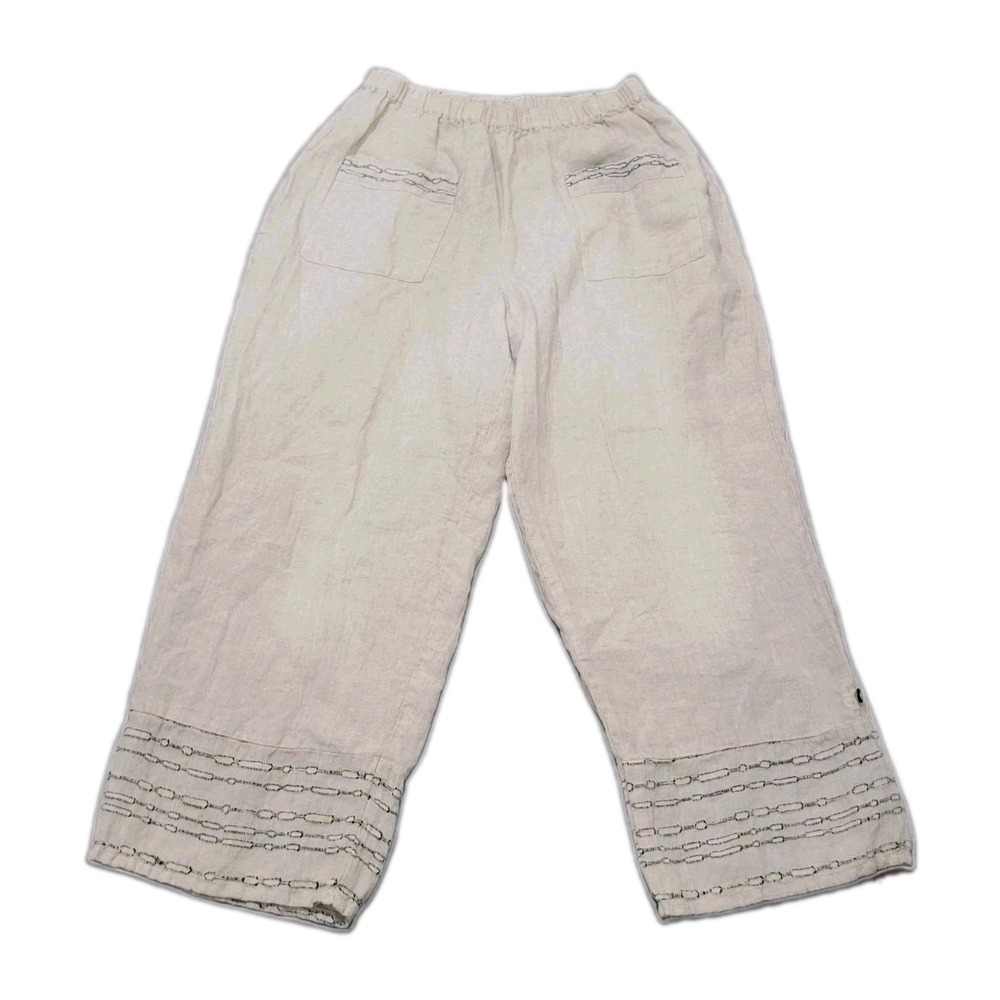 FLAX Flood Embroidered Tan Wide Leg 100% Linen Sz M